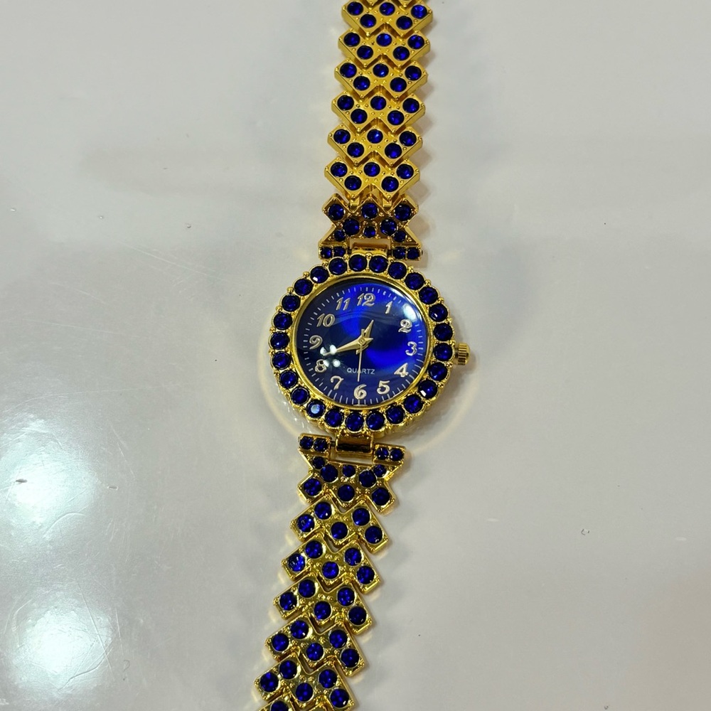 Gold and Blue Jeweled Quartz Watch - Picture 7 of 13